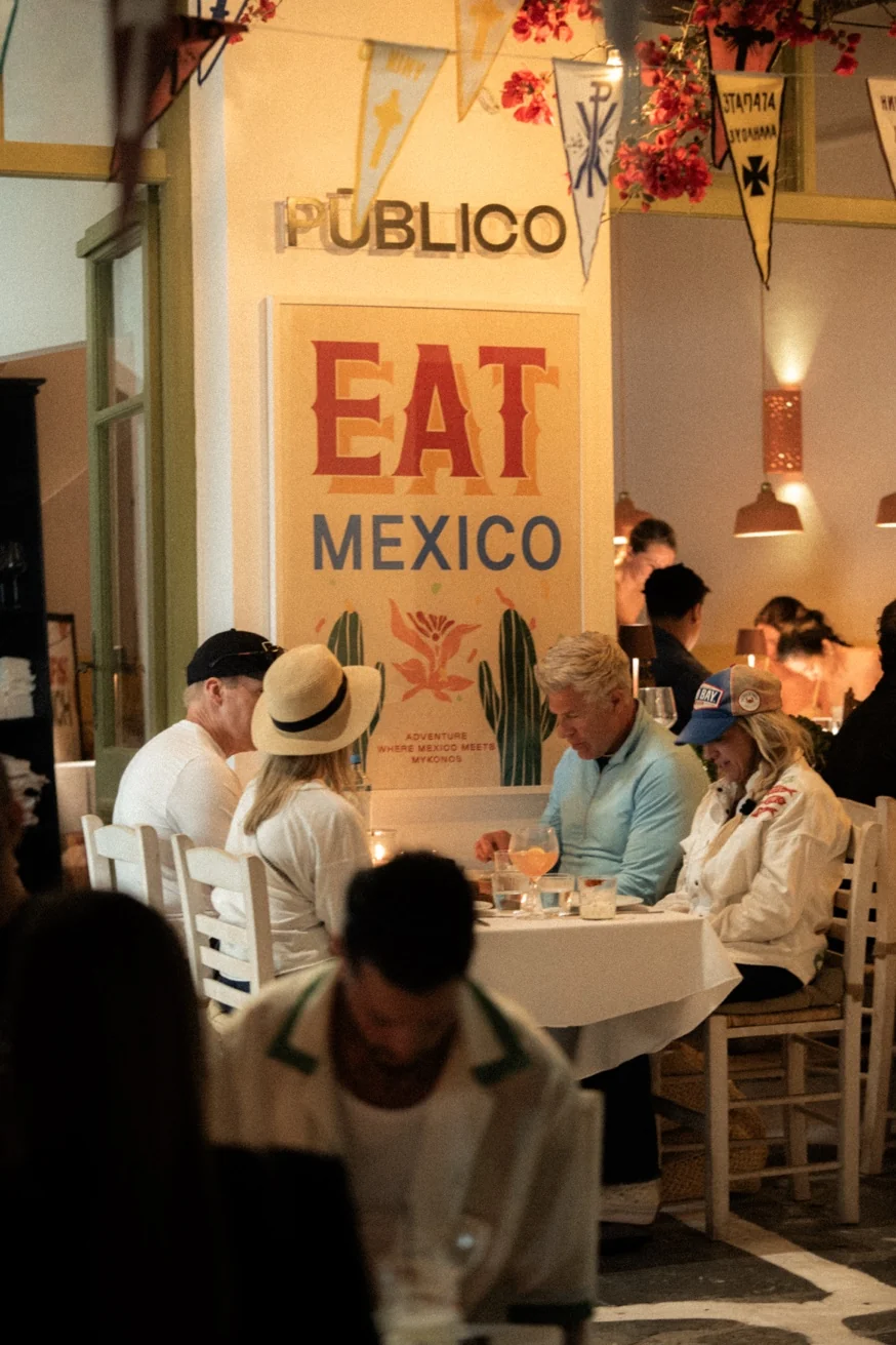 The EAT MEXICO sign at Pūblico restaurant Mykonos — the best non-Greek food alternative in Mykonos serving authentic Mexican cuisine